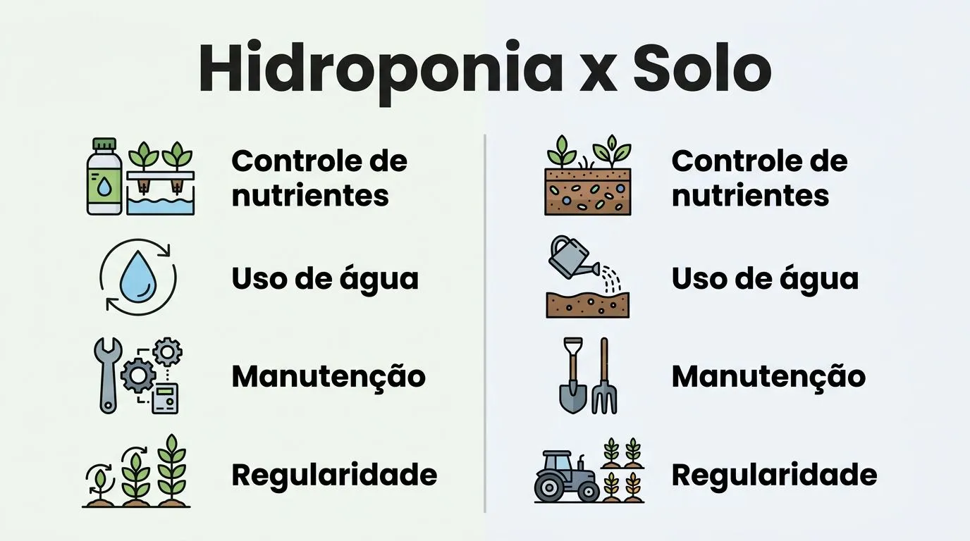 Comparativo visual entre hidroponia e cultivo em solo por controle, uso de água e manutenção.