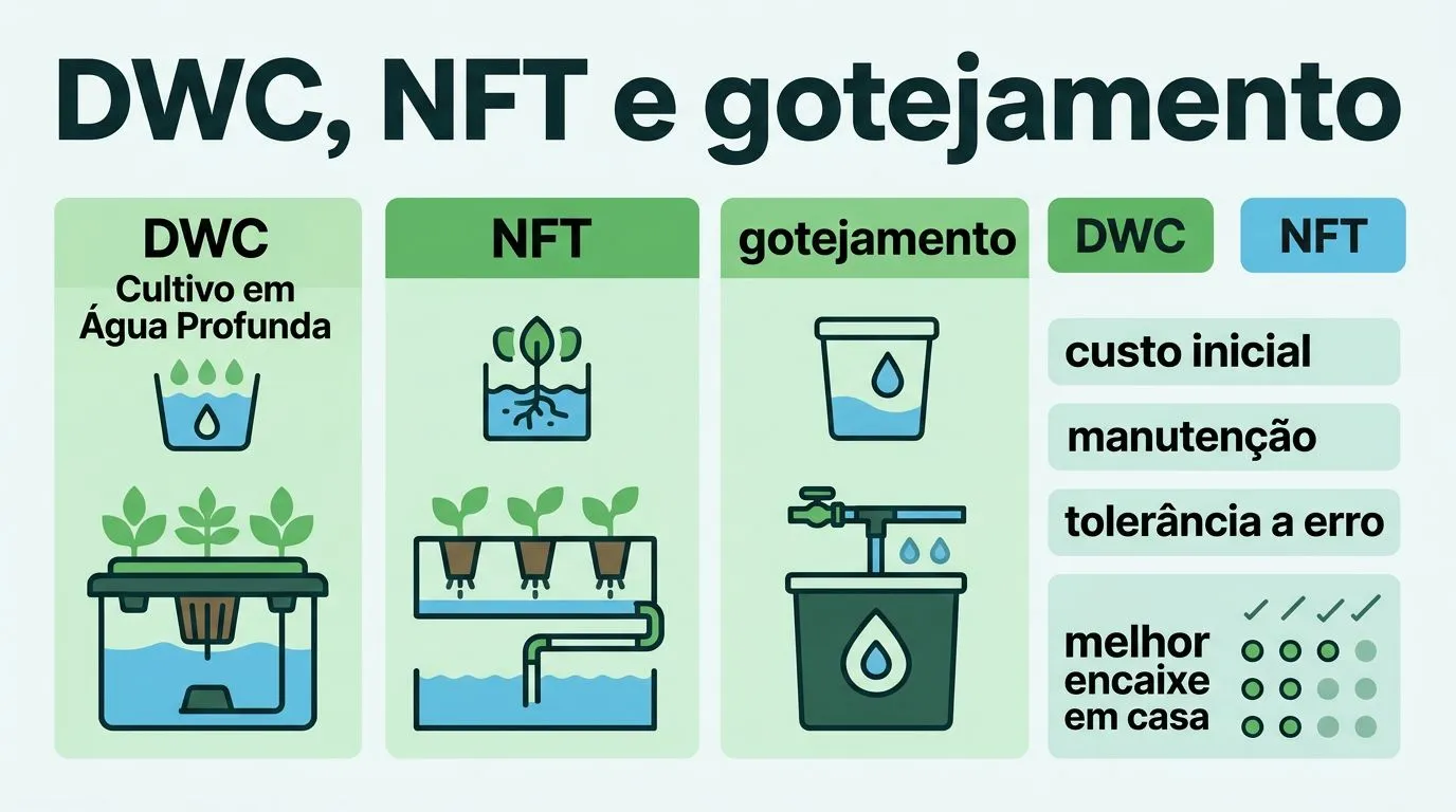 Comparativo visual entre DWC, NFT e gotejamento para iniciantes, com critérios de escolha.