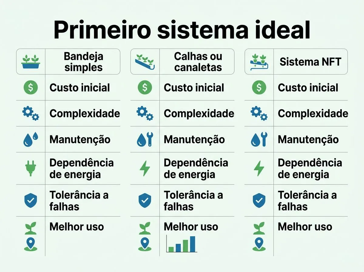 Guia visual para escolher um primeiro sistema hidropônico com custo, complexidade e manutenção.
