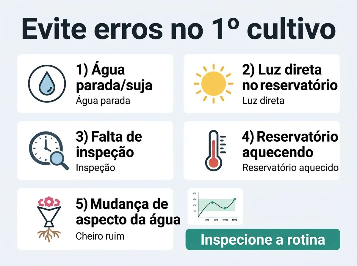 Infográfico checklist com erros comuns no primeiro cultivo hidropônico e como evitá-los.