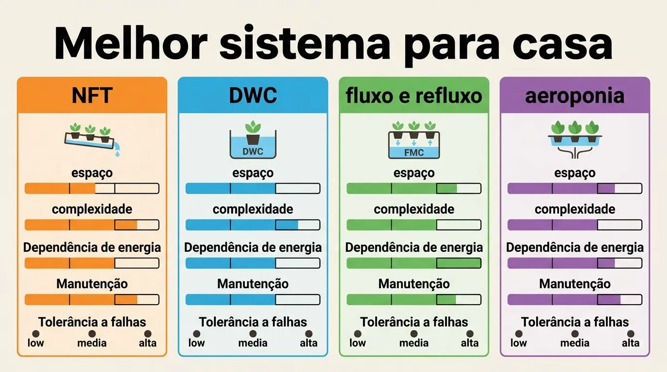 Infográfico comparando NFT, DWC, fluxo e refluxo e aeroponia por espaço, complexidade, dependência de energia e manutenção.