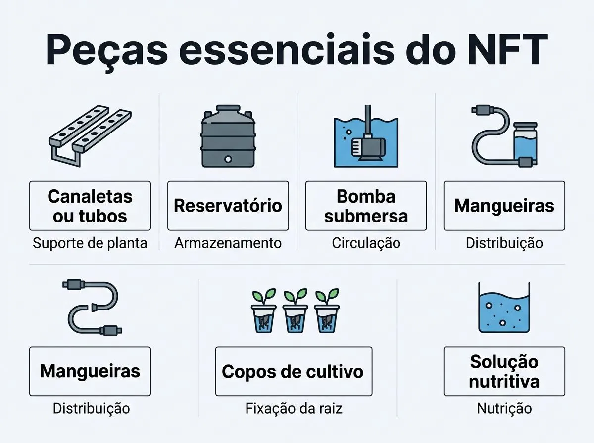 Infográfico com itens essenciais para montar um sistema NFT hidroponia simples
