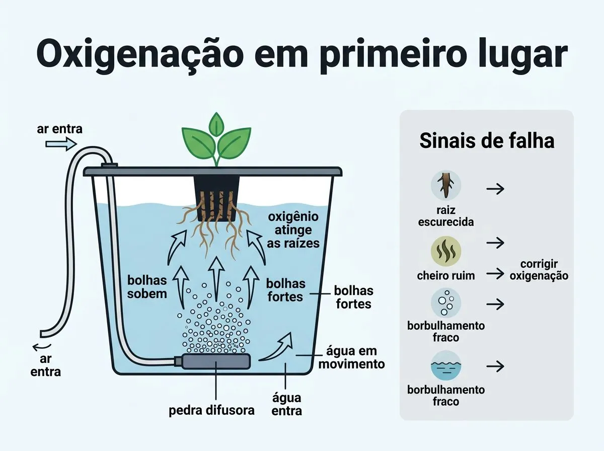 Infográfico mostrando aeração com pedra difusora e sinais de falha na oxigenação do DWC.