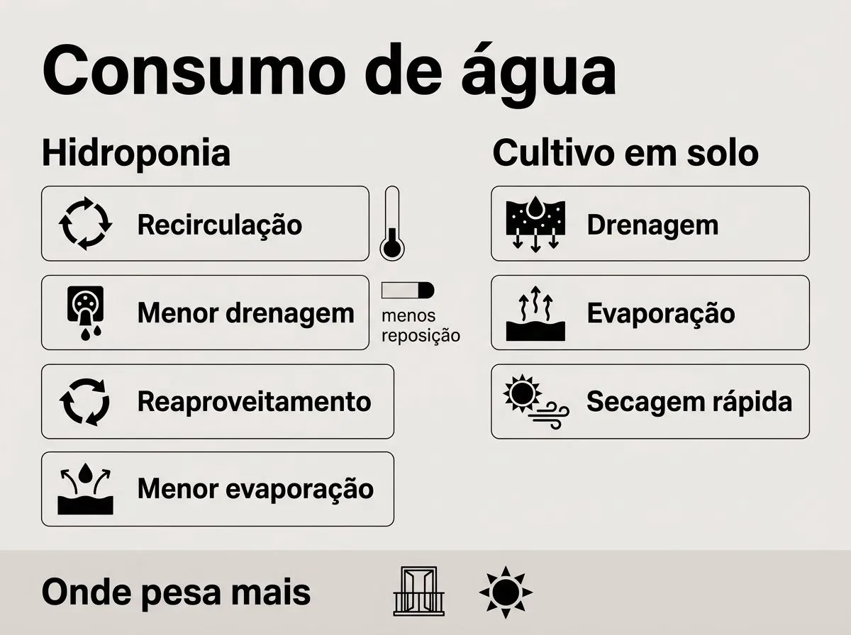 Infográfico comparando consumo de água em hidroponia e em cultivo em solo.
