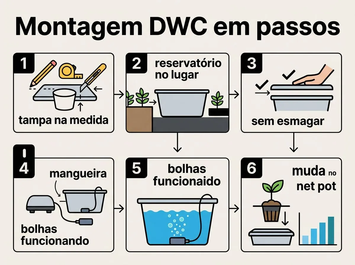 Infográfico com etapas para montar um sistema DWC hidroponia em casa.