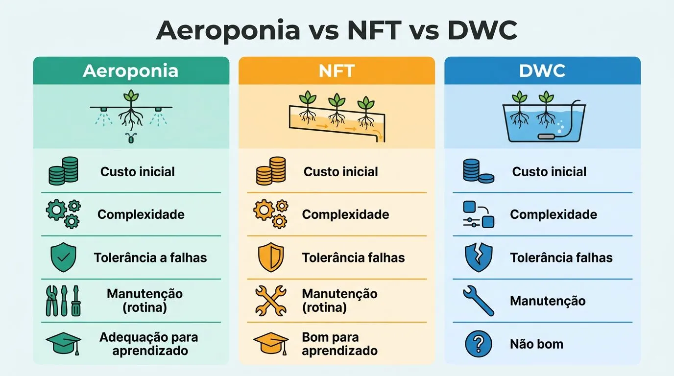 Gráfico comparativo entre aeroponia, NFT e DWC com critérios de custo, complexidade e manutenção.