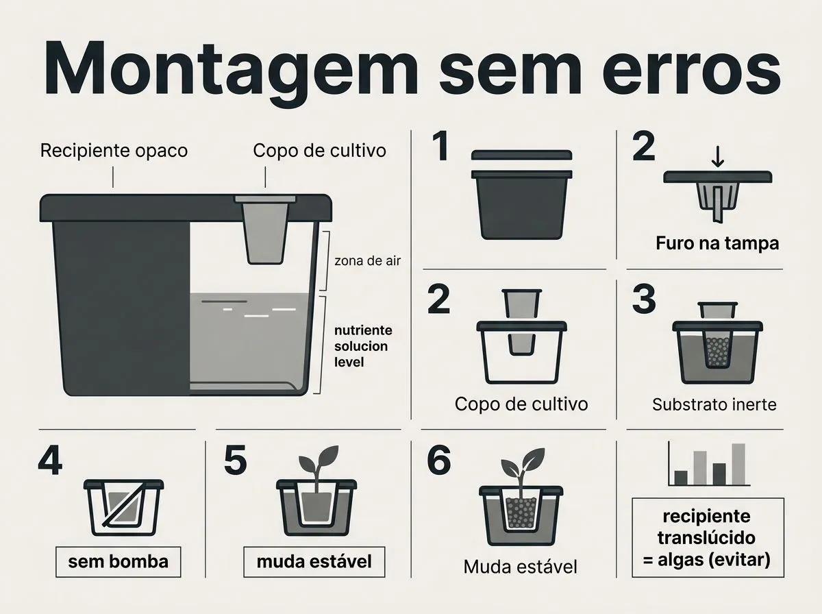 Infográfico passo a passo da montagem da hidroponia Kratky, com recipiente opaco, tampa, copo de cultivo, substrato inerte e muda estável.