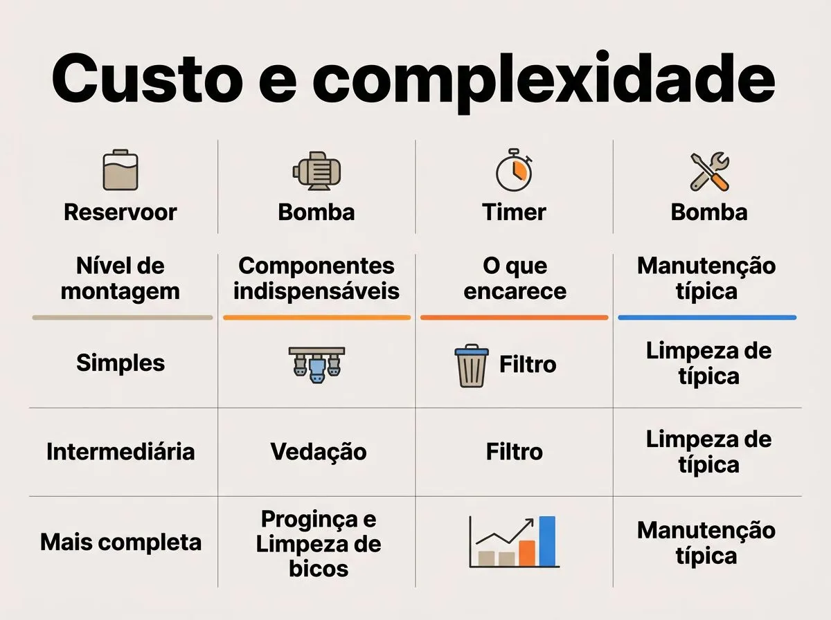 Infográfico com custos e componentes de aeroponia caseira, destacando bomba, timer, bicos e vedação.