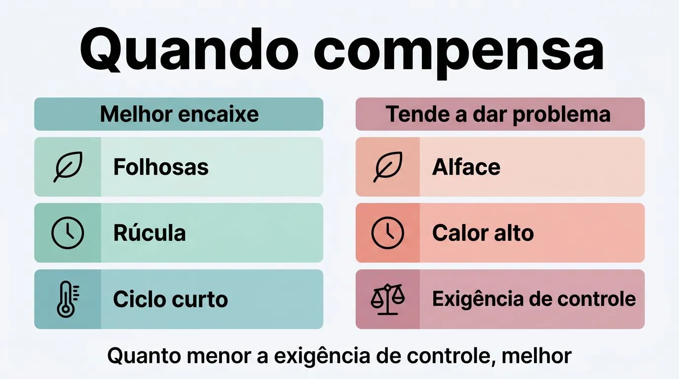 Comparação prática entre plantas, recipientes e contextos: quando o Kratky encaixa e quando tende a falhar por exigência de controle ou calor.