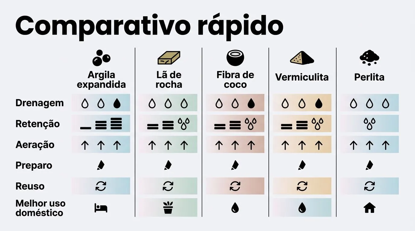 Quadro comparativo dos substratos hidroponia: drenagem, retenção, aeração, preparo e reuso.
