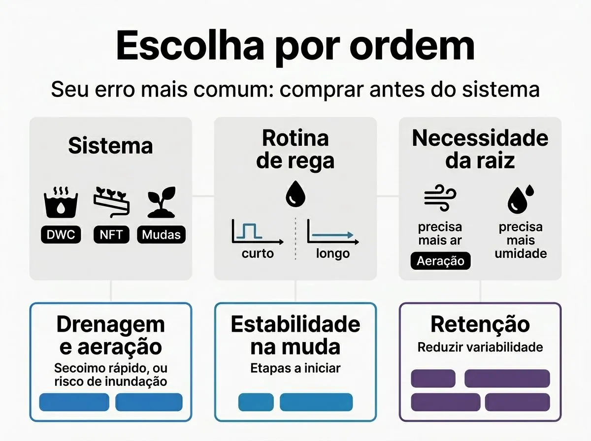 Fluxograma para escolher substrato para hidroponia de acordo com sistema, rotina de rega e necessidade de aeração/umidade.