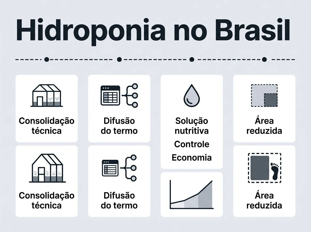 Infográfico com linha do tempo e fatores que explicam a consolidação da hidroponia no Brasil.
