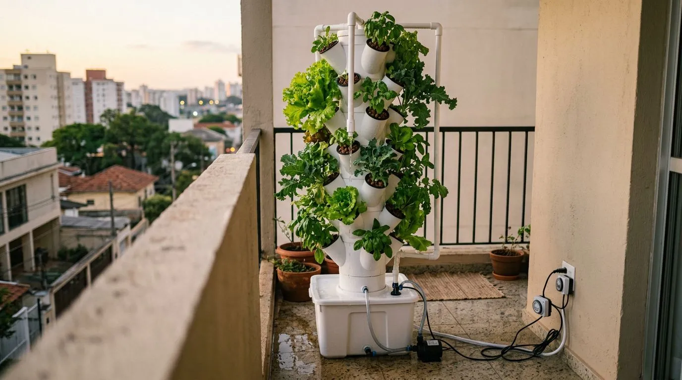 Hidroponia vertical em casa: como escolher a estrutura certa, montar a torre e acertar na irrigação