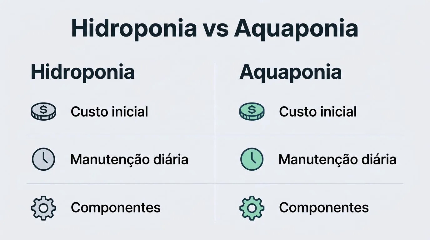 Gráfico comparativo entre hidroponia e aquaponia para uso doméstico, com critérios como custo e manutenção.