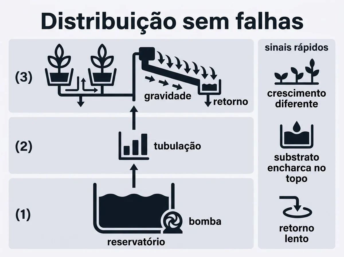 Infográfico do fluxo de irrigação vertical: bomba levando solução ao topo e distribuição por gravidade com sinais de alerta.