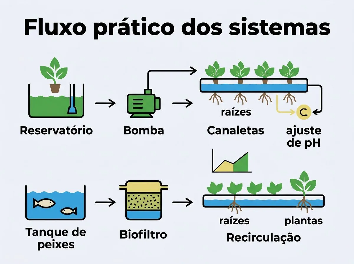 Infográfico com o fluxo de funcionamento de hidroponia e aquaponia, mostrando reservatório, bomba, canaletas, biofiltro e recirculação.
