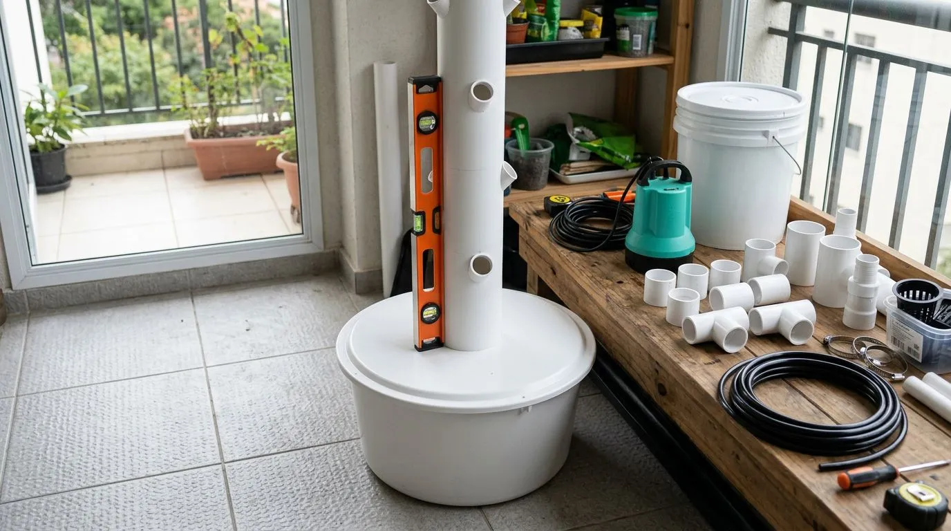 Montagem de torre hidropônica vertical com base nivelada, componentes de irrigação e checagem de prumo em bancada, sem pessoas.