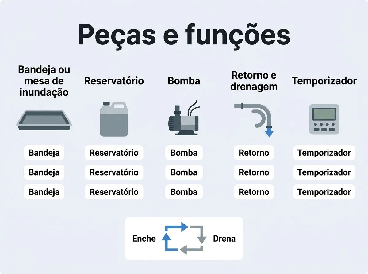 Infográfico de componentes de um sistema ebb and flow sem improviso, com bandeja, reservatório, bomba, retorno e temporizador.