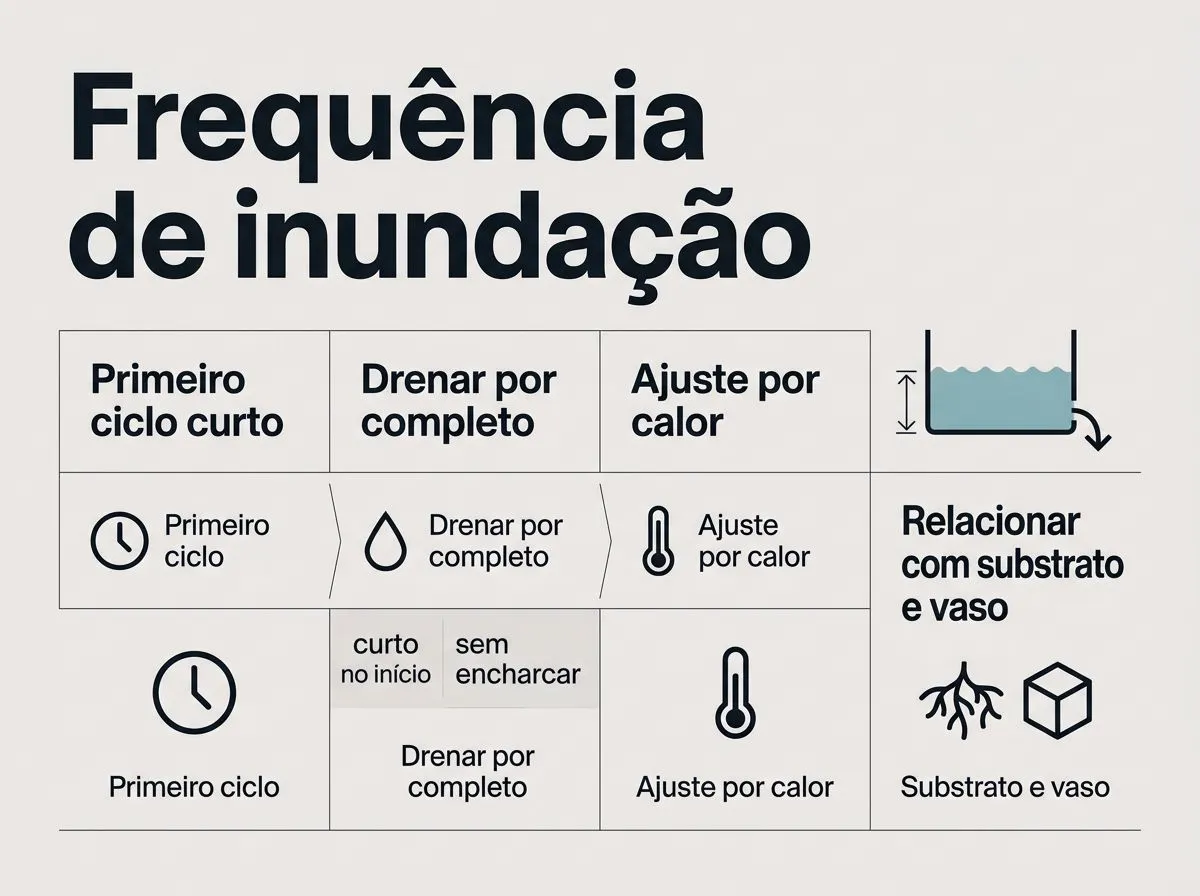 Infográfico com passos para programar temporizador e ajustar a frequência do ebb and flow hidroponia, garantindo drenagem completa.
