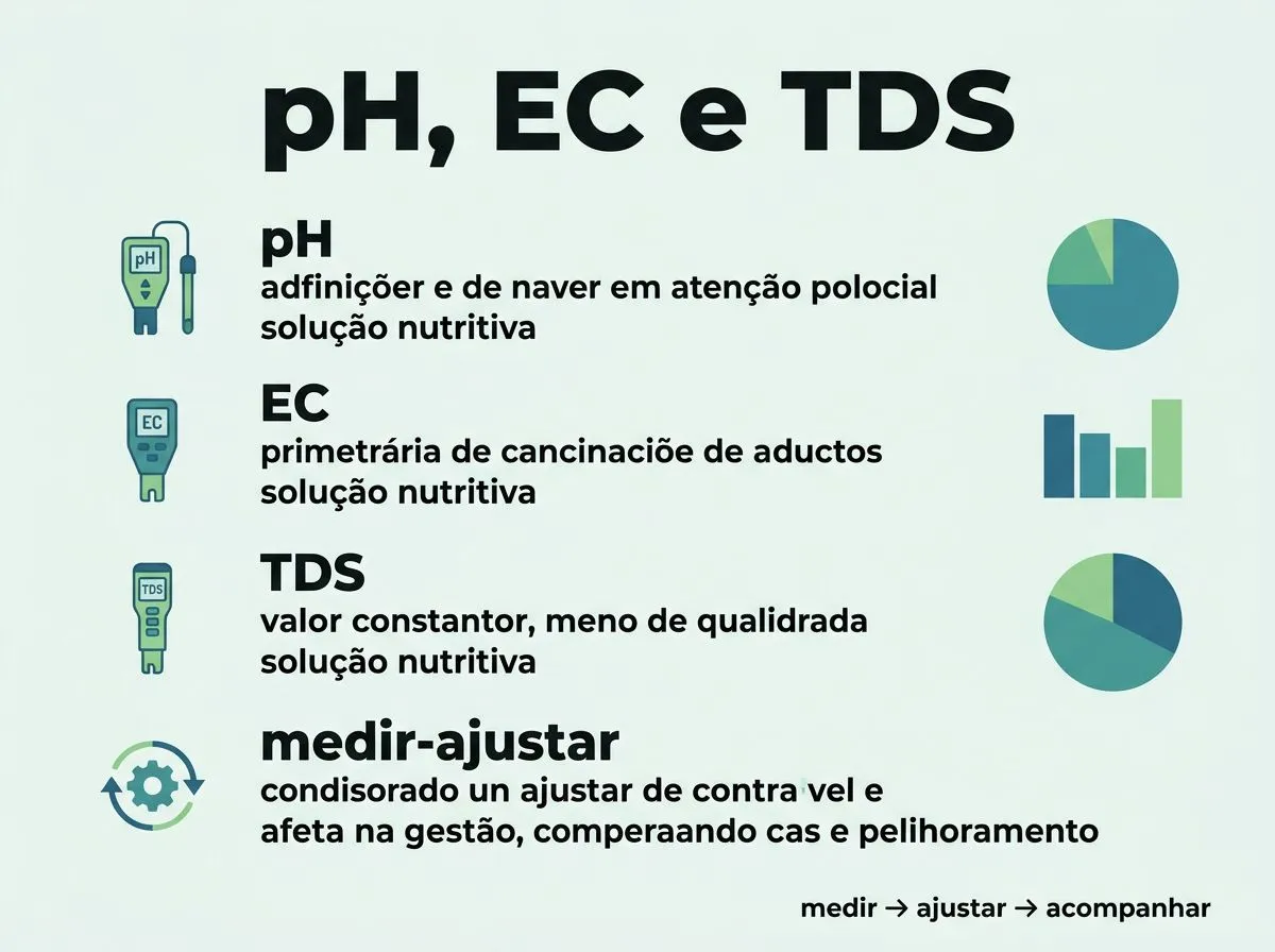 Infográfico com definições curtas de pH, EC, TDS e solução nutritiva para hidroponia doméstica