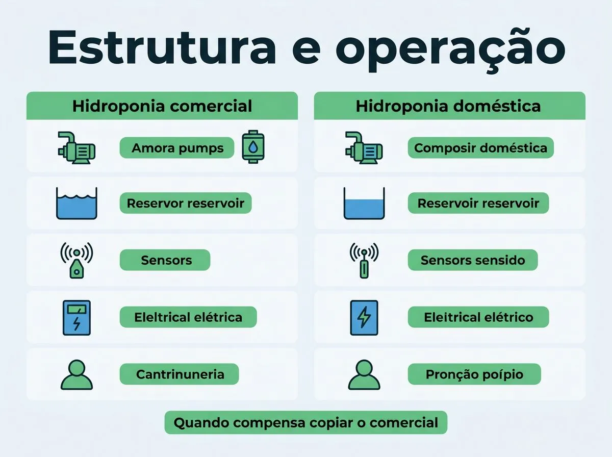 Infográfico comparando infraestrutura, automação e mão de obra entre hidroponia comercial e doméstica.