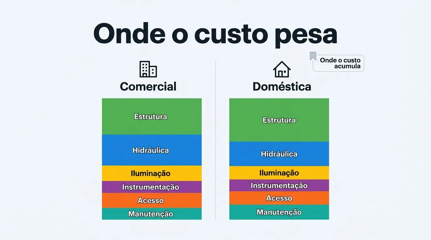 Gráfico comparativo dos itens que mais pesam no custo de implantação em hidroponia comercial e doméstica.