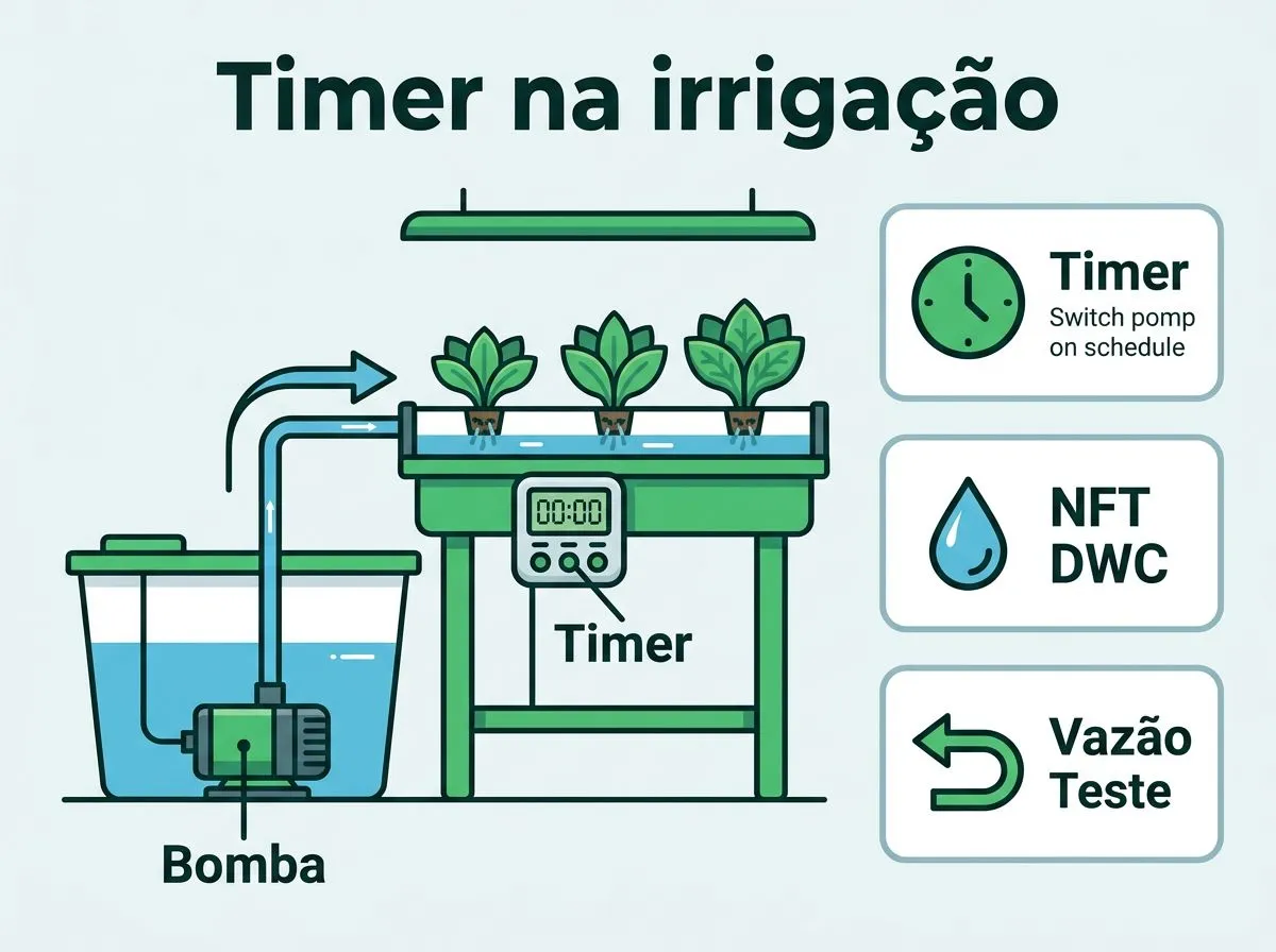 Infográfico com timer controlando bomba e ciclo de irrigação em hidroponia (NFT e DWC).