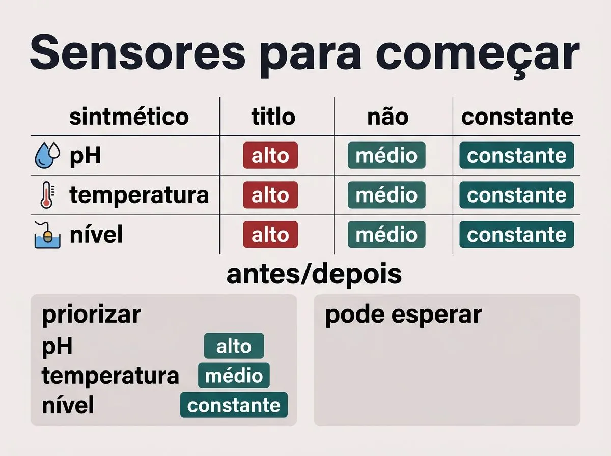Infográfico com os sensores prioritários em hidroponia: pH, temperatura da água e nível do reservatório.