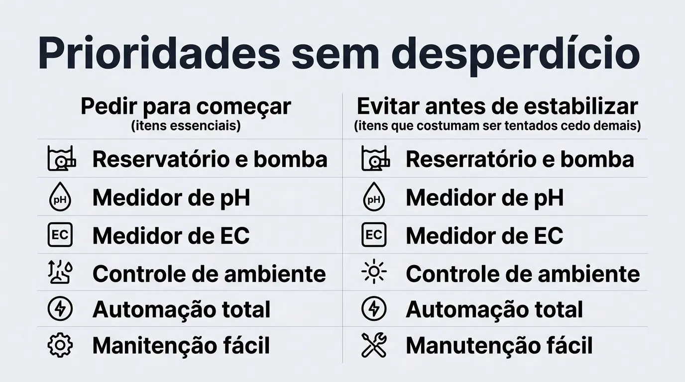 Infográfico comparando prioridades de compra versus itens que devem esperar em uma hidroponia indoor profissional.
