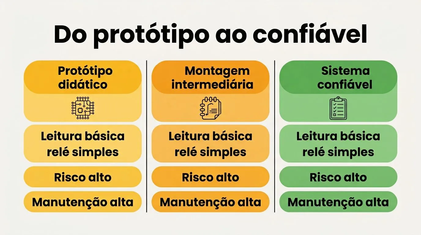 Comparação de montagens: protótipo didático, montagem intermediária e sistema confiável com automações e riscos.