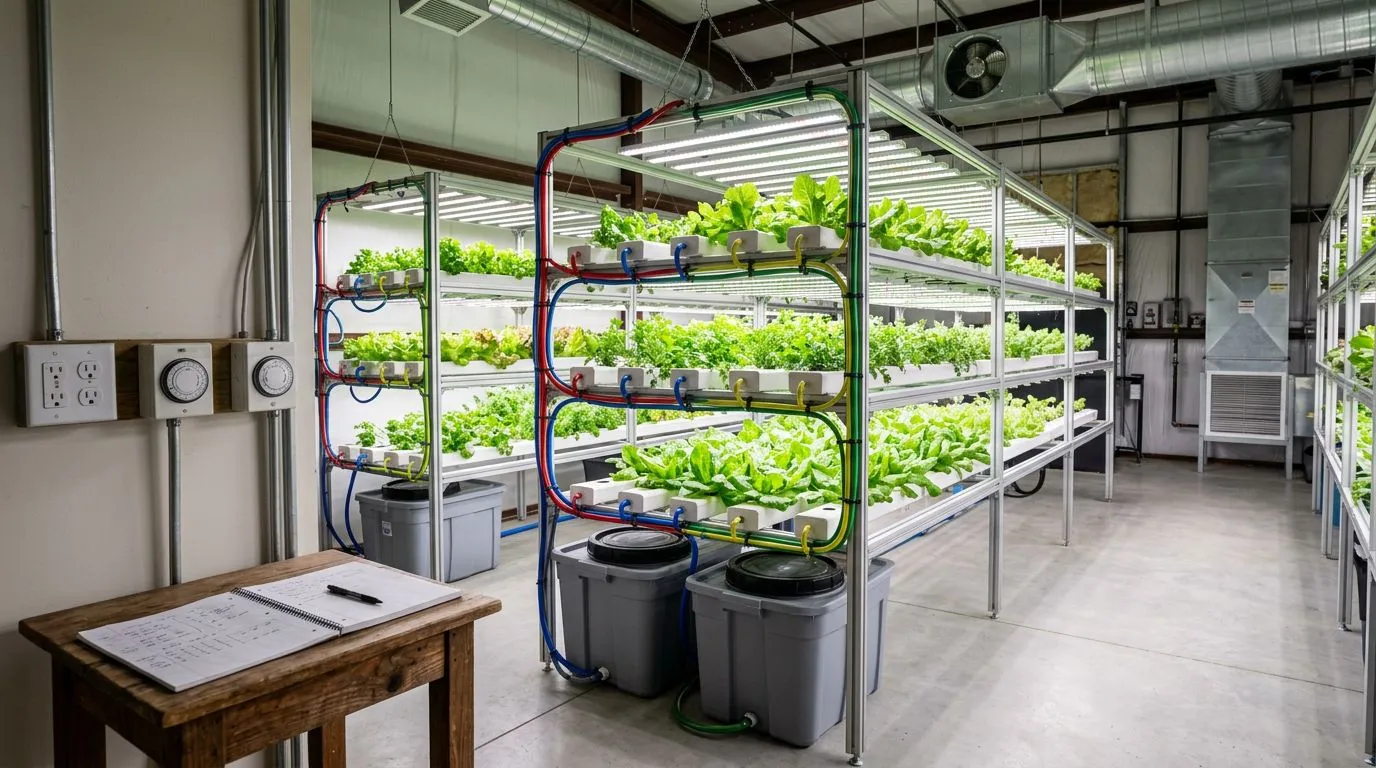 Cena realista mostrando hidroponia indoor organizada com acesso para limpeza, infraestrutura elétrica e área de registro de dados.