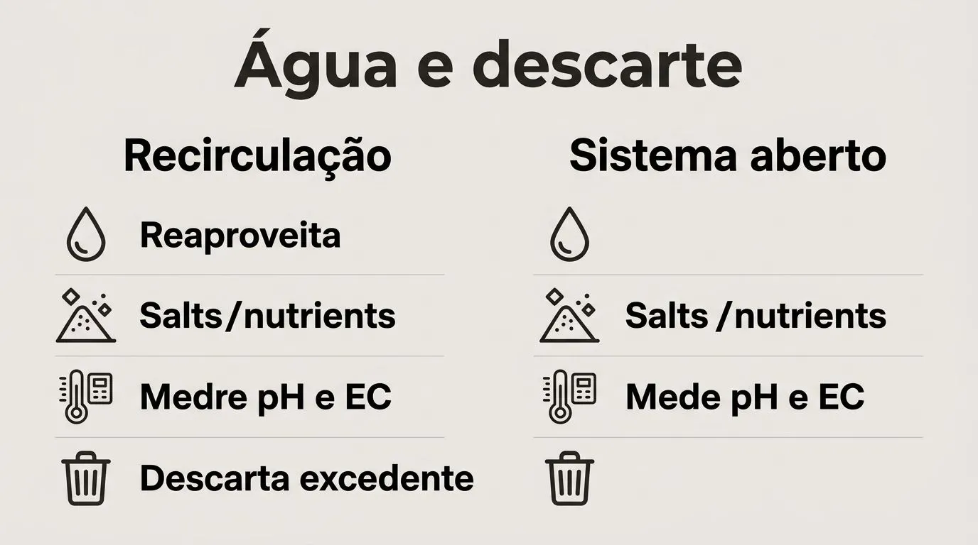 Comparativo visual de água, nutrientes, controle e descarte entre recirculação e sistema aberto.