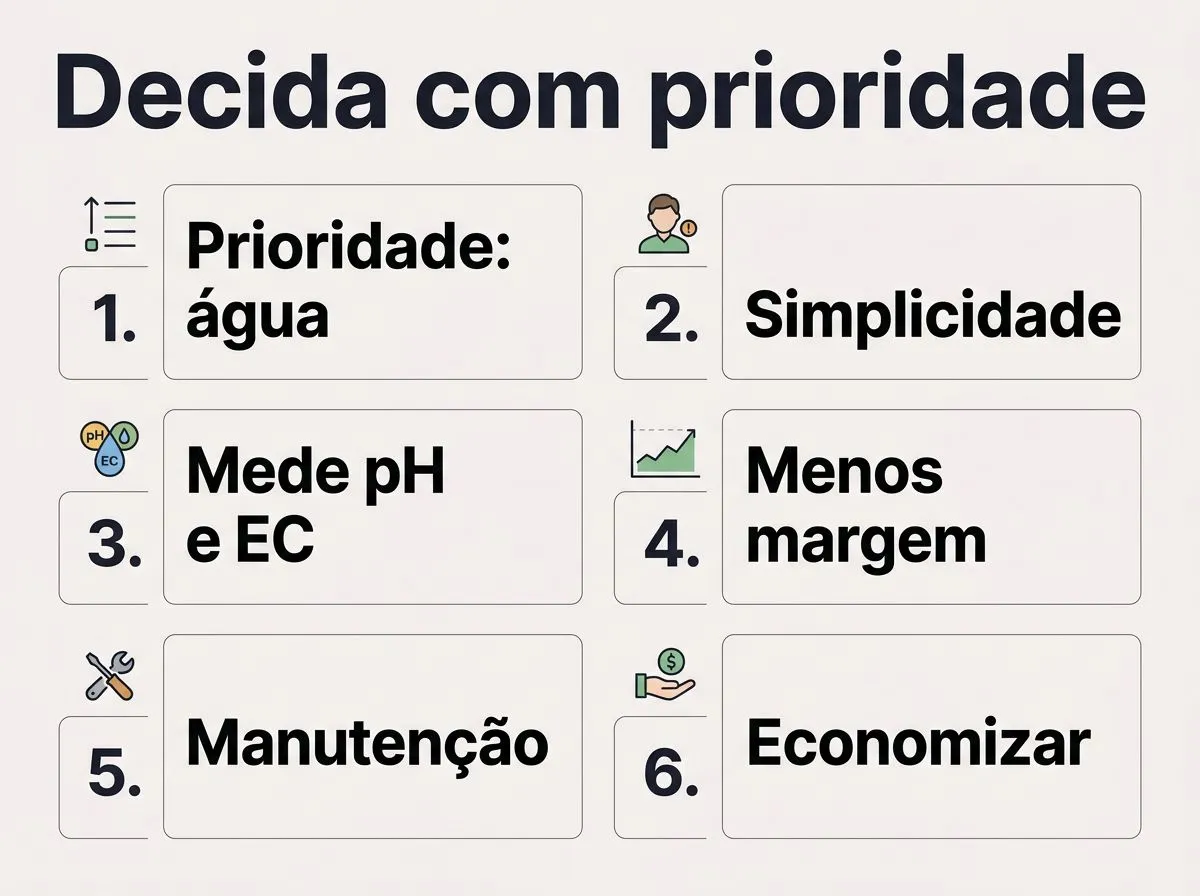 Checklist para decidir entre recirculação e sistema aberto com foco em água, controle e manutenção.