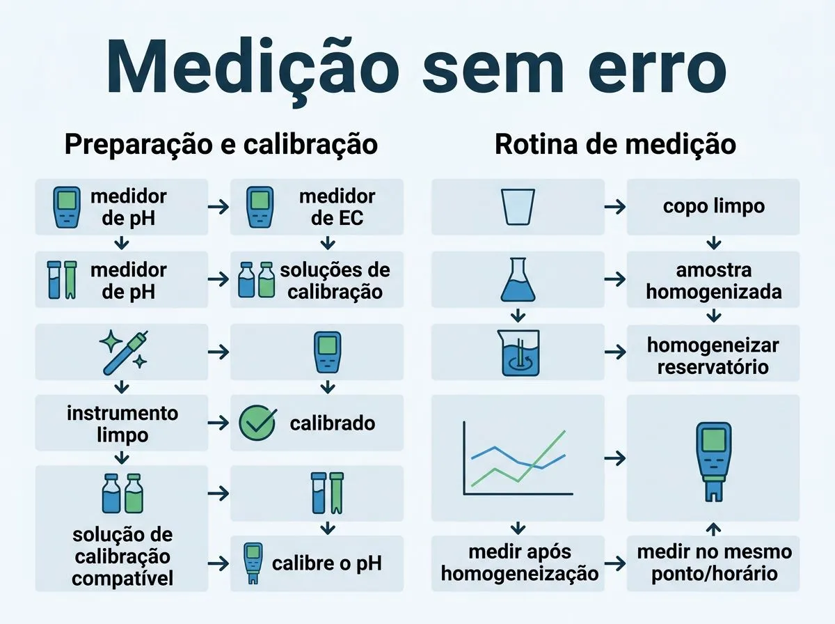 Infográfico mostrando como preparar, calibrar e medir pH e EC com amostra homogenizada para evitar erro de leitura