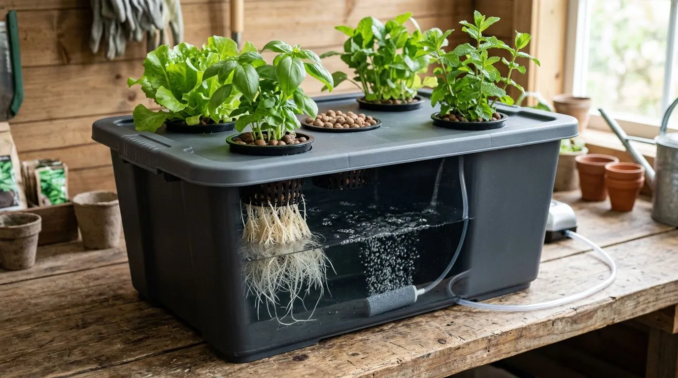 Sistema DWC com caixa d’água opaca, tampa furada e copos com mudas, com raízes visíveis na solução nutritiva.
