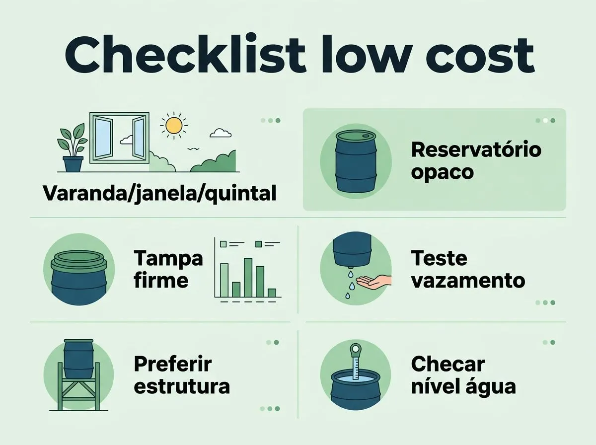 Infográfico com checklist para montar hidroponia low cost: local do cultivo, reservatório opaco, tampa firme, teste de vazamento, estrutura e checagem do nível de água.