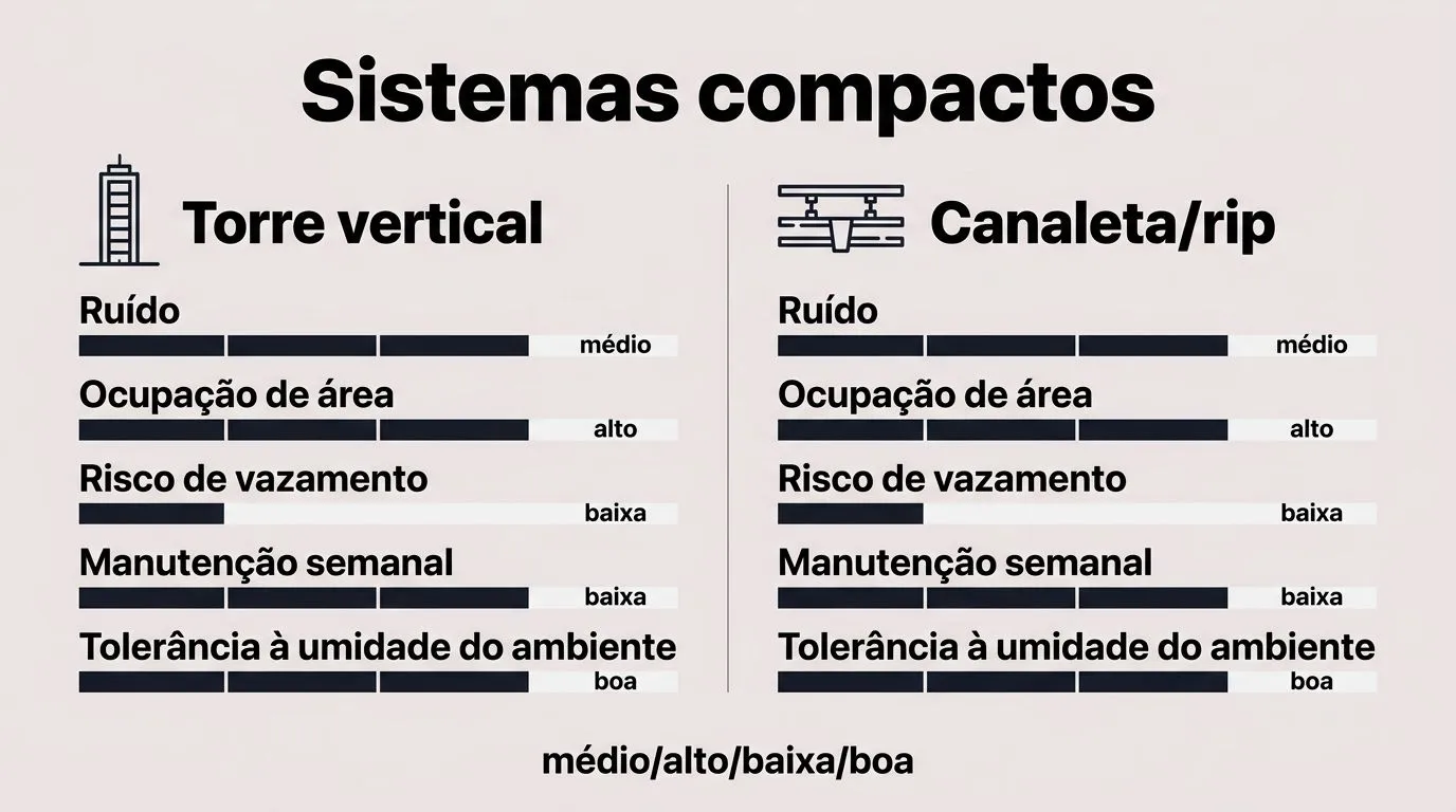 Comparativo visual de sistemas compactos de hidroponia para apartamento com critérios como ruído e risco de vazamento.