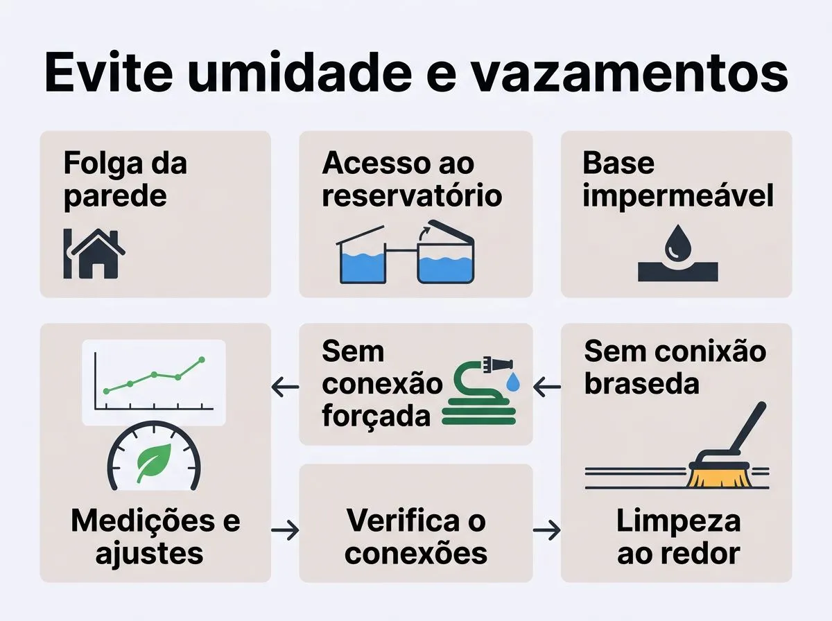 Checklist infográfico para controlar umidade, vazamentos e limpeza no cultivo hidropônico em apartamento.