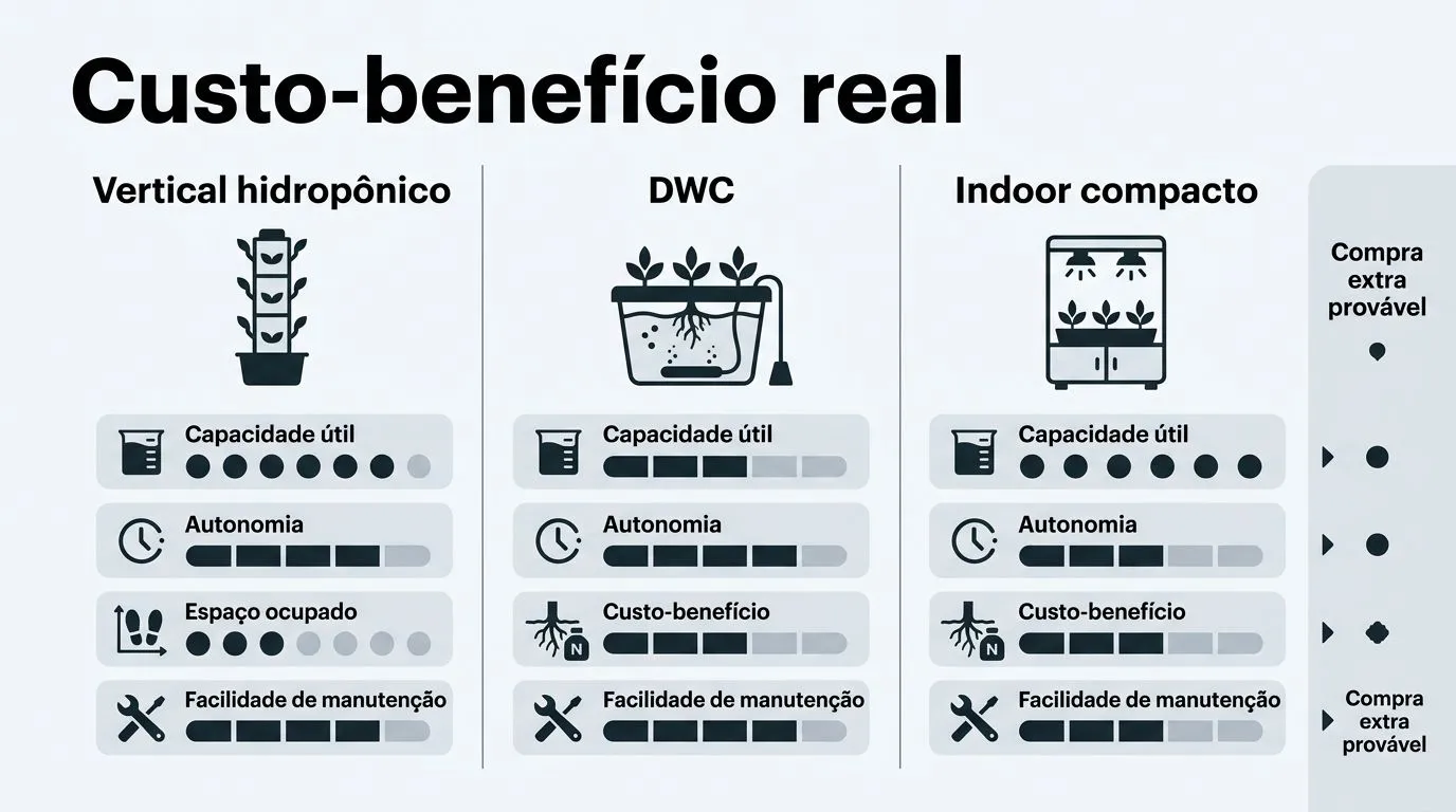 Infográfico comparativo de tipos de kits hidropônicos: vertical, DWC e indoor compacto com critérios de custo-benefício.