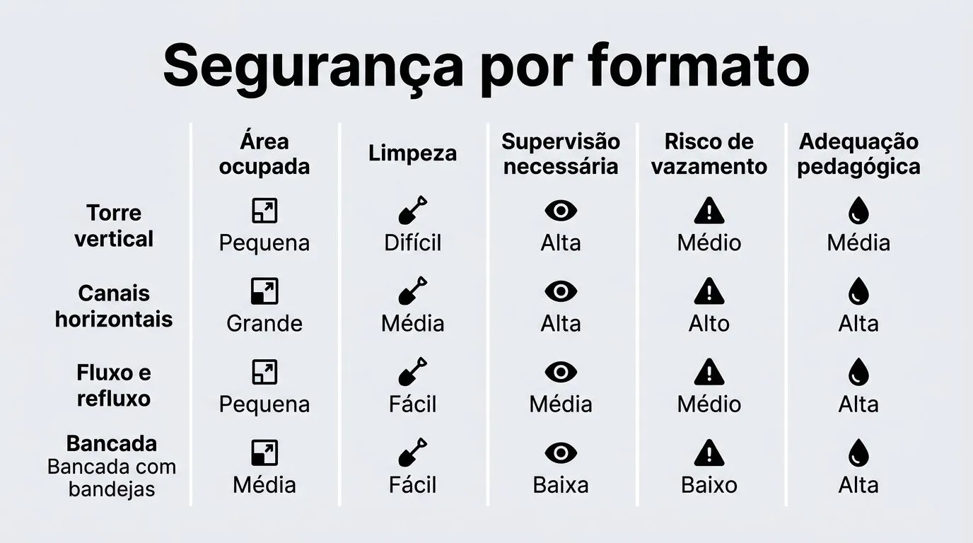 Comparativo visual de formatos hidropônicos para alunos por área, limpeza, supervisão, risco de vazamento e adequação pedagógica.