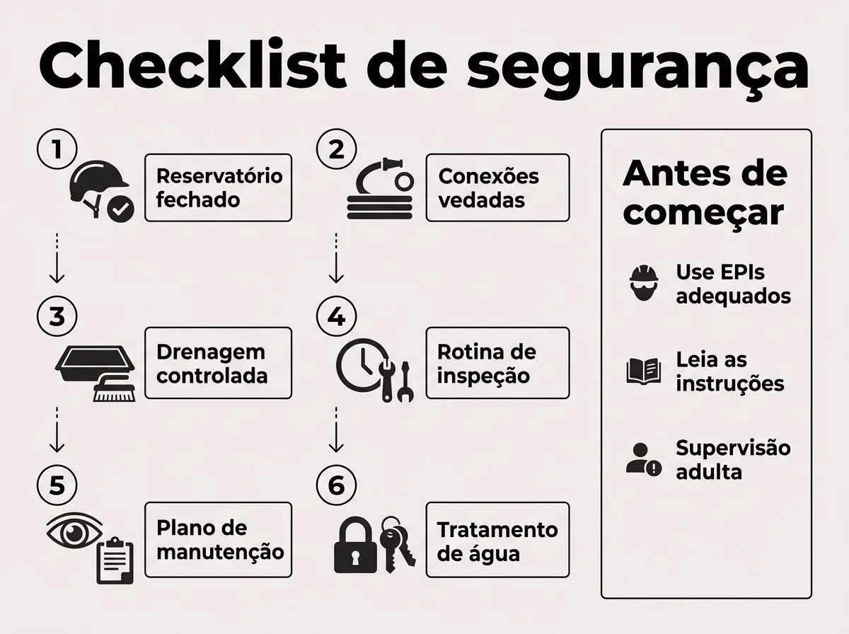 Checklist com passos para deixar um sistema hidropônico escolar simples e seguro, com foco em reservatório fechado, conexões vedadas e rotina de inspeção.