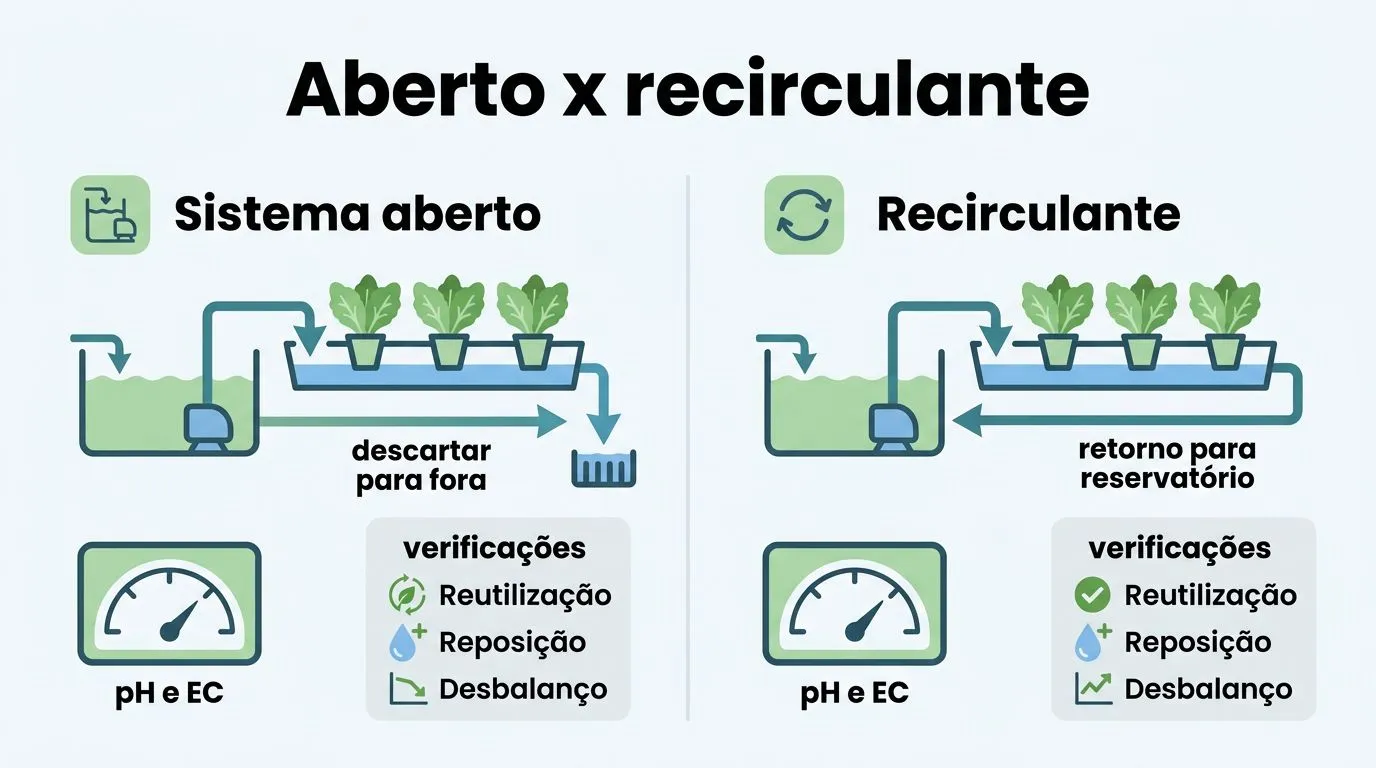 Comparação visual entre sistema aberto e recirculante, com foco em reutilização, reposição e checagem de pH e EC.