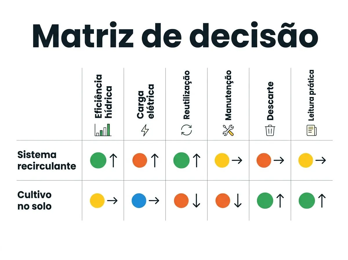 Matriz visual para comparar decisões e montar uma hidroponia sustentável considerando água, energia, reutilização, manutenção e descarte.