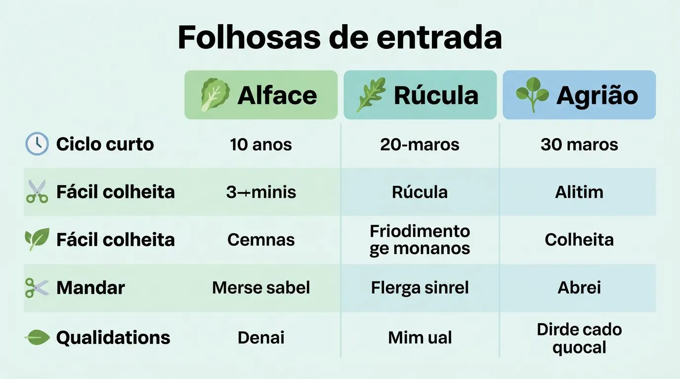 Infográfico comparando alface, rúcula e agrião para cultivo hidropônico iniciante, com critérios de facilidade e ciclo de cultivo.