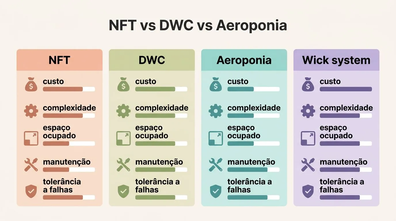 Comparativo visual entre NFT, DWC, aeroponia e wick system para uso doméstico.