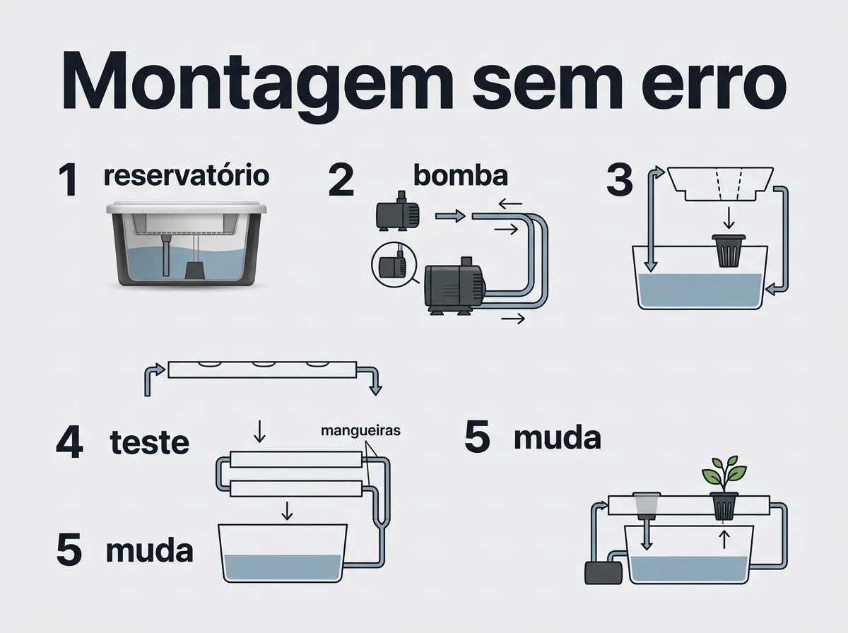 Infográfico com etapas da montagem de uma horta hidropônica: estrutura, bomba, mangueiras, teste e fixação da muda.