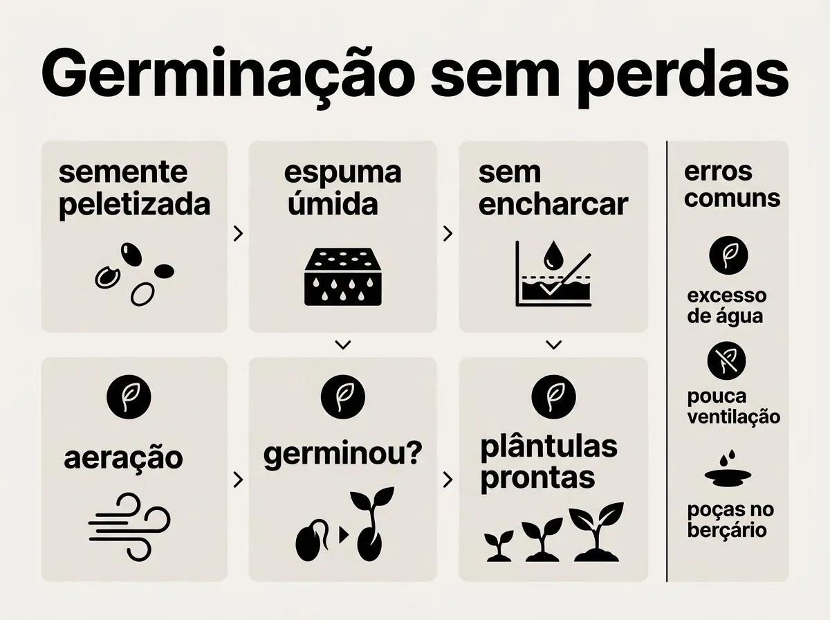 Infográfico com passos curtos para germinar alface em hidroponia sem perder mudas