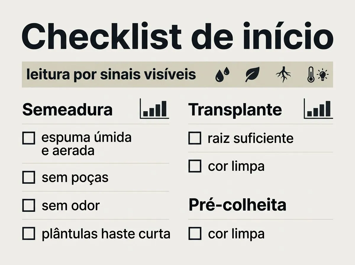 Infográfico checklist com sinais visuais antes de iniciar e durante o crescimento da alface em hidroponia