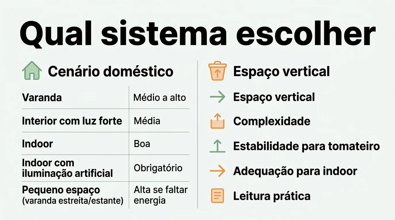 Infográfico comparativo com cenários domésticos e critérios para escolher o tomate hidropônico em casa.