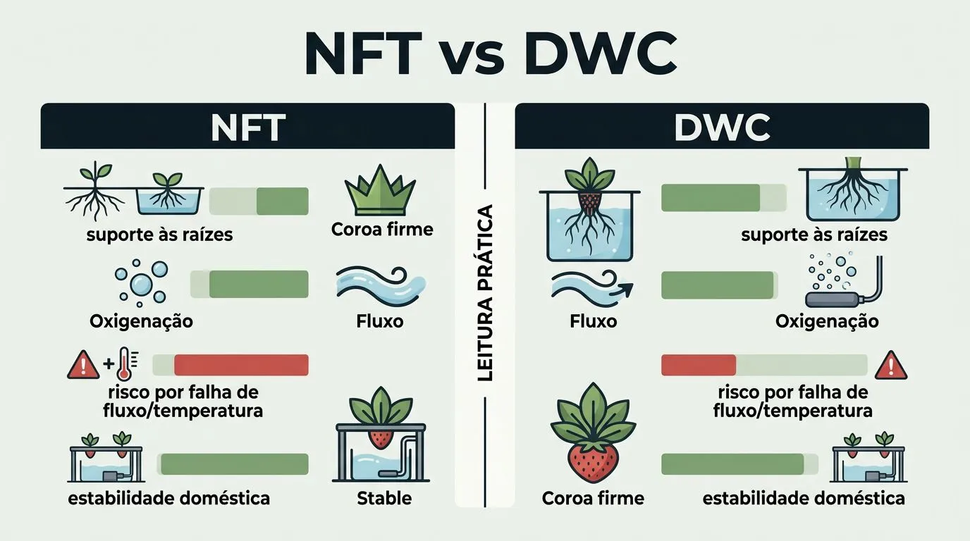 Infográfico comparando NFT e DWC para morangos com foco em suporte às raízes, oxigenação e risco em falhas de fluxo.